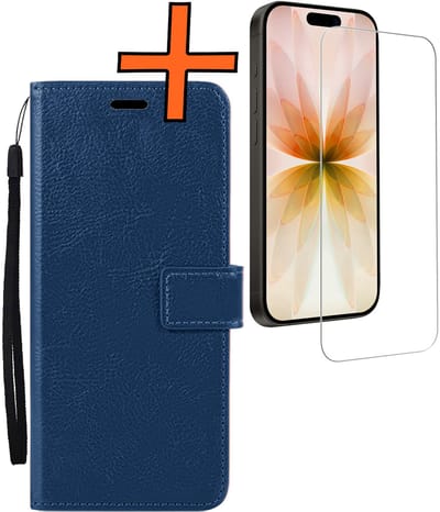 Hoes - Met Screenprotector - Geschikt voor Apple iPhone 17 - Luxe Pasjeshouder - Bookcase Portemonee - Flip Case - Kunstleer Book Case - Flipcase - Book Cover - Walletcase - PortemonneeHoes - Donkerblauw
