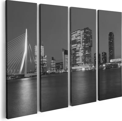 Artaza Canvas Schilderij Vierluik Rotterdamse Skyline - Zwart Wit - 80x60 - Foto Op Canvas - Canvas Print