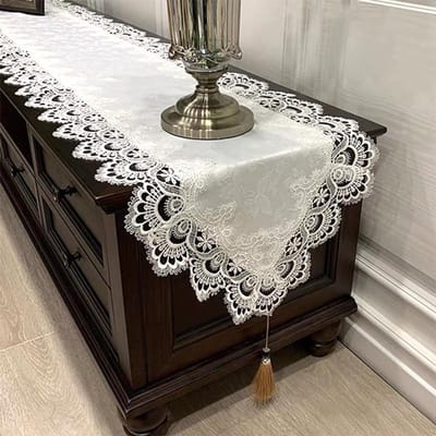 Chemin de table en dentelle Décoration Housse de table TV brodée avec pompon et franges Drapeau de commode Chiffon anti-poussière Décoration pour la maison S 40x100cm
