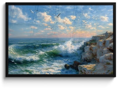 Poster in lijst - Fotolijst 90x60 cm - Posters - Zee - Golven - Rotsen - Meeuwen - Posterlijst zwart - Decoratie - Wanddecoratie woonkamer - Muurdecoratie slaapkamer