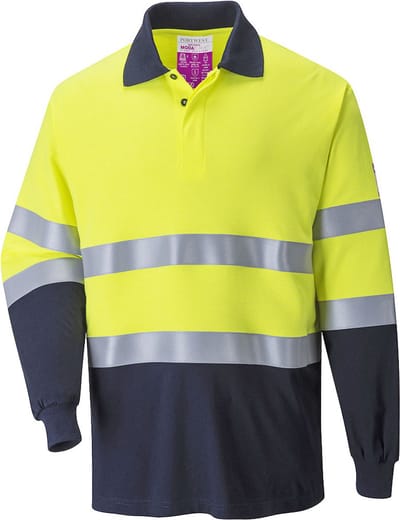 Portwest Vlamvertragende Modaflame Antistatische lange mouw Poloshirt FR74 - Geel/Marine - M