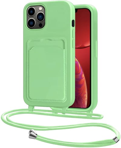 Hoes Geschikt voor iPhone 13 Pro Hoesje Pasjeshouder Cover Met Koord Case Siliconen Hoes Met Telefoonkoord en Kaarthouder - Groen