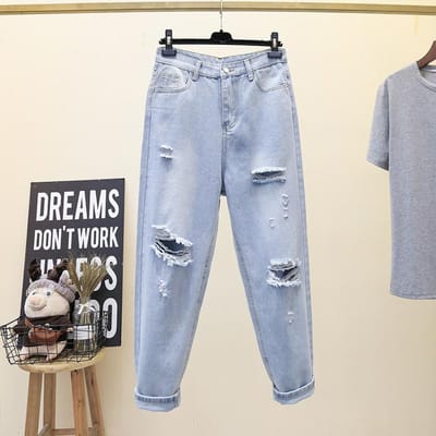 Nouveau jean Harlan Dad slim et polyvalent de style coréen d'été pour femmes, pantalon droit ample à neuf points déchiré L gray