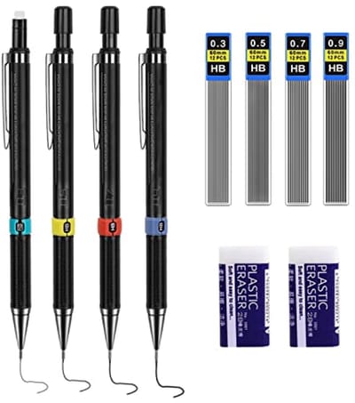 PromoHome Set van 4 vulpotloden 0,3/0,5/0,7/0,9 mm met 48 HB navullingen en 2 gummen - voor schrijven en tekenen