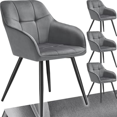 tectake® Eetkamerstoelen Marilyn - Set van 4 - Gestoffeerde Stoel in Fluweellook - Stikpatroon - Zwarte Stoelpoten - Ergonomische Keukenstoel - Doorlopende Rugleuning en Armleuningen - Stoel voor Woonkamer, Eetkamer, Slaapkamer - Grijs