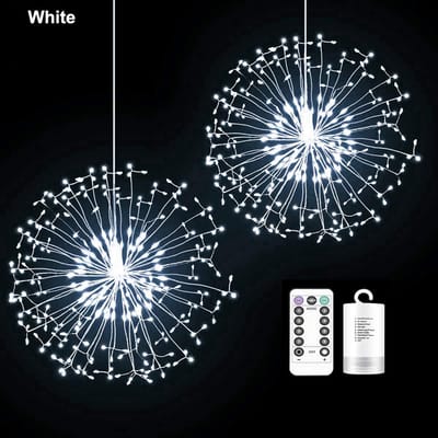 Rosnek 198 LEDs Hangende Vuurwerk Koperdraad Lichtsnoer Wit - Kerstverlichting met Afstandsbediening - 8 Modus & Timer - Op Batterijen - Sfeerverlichting voor Binnen & Buiten