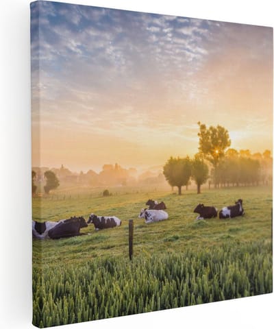 Artaza Canvas Schilderij Koeien - 80x80 cm - Wanddecoratie Landschap - Muurdecoratie Zonsondergang - Schilderijen Op Canvas Natuur