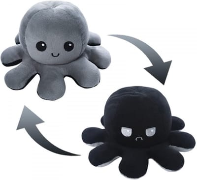 Octopus Mood Omkeerbaar Emotie Pluche Knuffel 15 cm (Grijs/Zwart) - Inktvis Verwisselbaar Omdraaien - TikTok Plush Toy - Speelgoed Knuffels voor Kinderen Jongens Meisjes - Boos Blij Knuffel