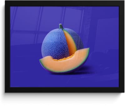 Poster in lijst - Fotolijst 40x30 cm - Posters - Meloen - Blauw - Oranje - Kunstzinnig - Posterlijst zwart - Decoratie - Wanddecoratie woonkamer - Muurdecoratie slaapkamer