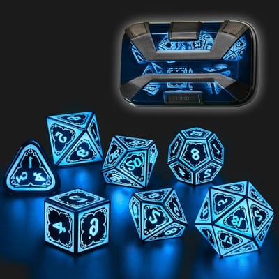 LED Dobbelstenen Set - Polyeder Dobbelstenen - Tabletop RPG - Oplaadbaar via USB-C - 16mm - Astrale Blauw