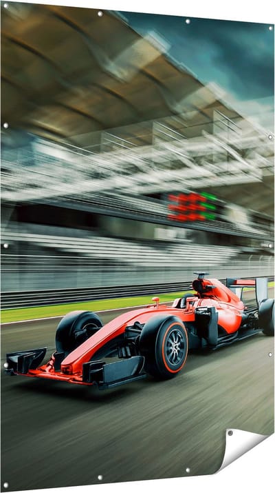 Gards Tuinposter Formule 1 Auto bij de Finish in het Rood - 120x180 cm - Tuindoek - Tuindecoratie - Wanddecoratie buiten - Tuinschilderij