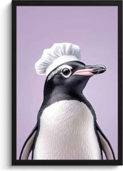 Fotolijst inclusief poster - Posterlijst 40x60 cm - Posters - Pinguïn - Koksmuts - Lief - Paars - Foto in lijst - Keuken decoratie muur - Wanddecoratie accessoires - Muurdecoratie - Schilderijen