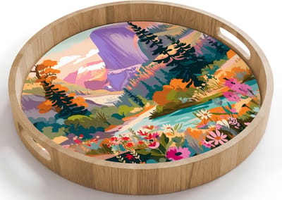 Dienblad rond 40x40 cm - Schootdienblad hout - Rivier - Vallei vol bloemen - Levendig - Borrelplank rechthoek - Plateau houten dienbladen