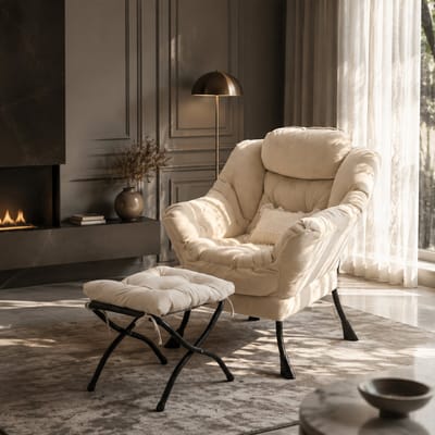Ligstoel - Fauteuil & Poef Set - Ontspanningsstoel - Relaxstoel - Loungestoel - Comfortabele TV-stoel - Beige