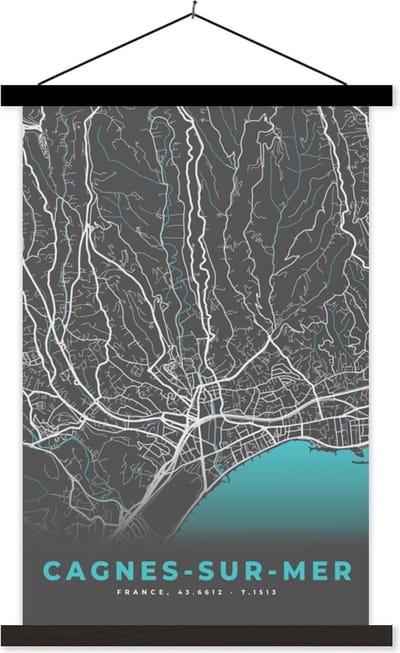 Posterhanger incl. Poster 40x60 cm - Schoolplaat - Plattegrond - Kaart - Cagnes-sur-Mer - Stadskaart - Frankrijk - Textielposter - Zwarte latten - Stadskaart