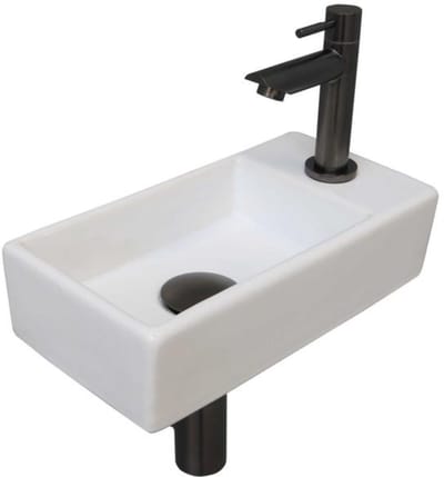 INK - Fonteinpack Porselein Rechts incl. Fonteinkraan - Design Sifon - Design Plug en Montageset - 360x180x90 Mm - Glans Wit/metal Black