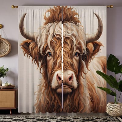 2 stuks HD prairie yak decoratief gordijn Gele strik digitaal bedrukt gordijn Huisdecoratie stijl Decoratie woonkamer slaapkamer W52H63inchW132H160cm black