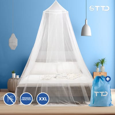 TTD Hoogwaardige XXL Klamboe 2 Persoons met Reistas - Polyester - Wasbaar in Wasmachine - Klamboe 1 Persoons - Klamboe Baby - Muggennet - Muggengaas - Muskietennet - 65 x 250 x 1250 cm - Inclusief Ring en Montagekit
