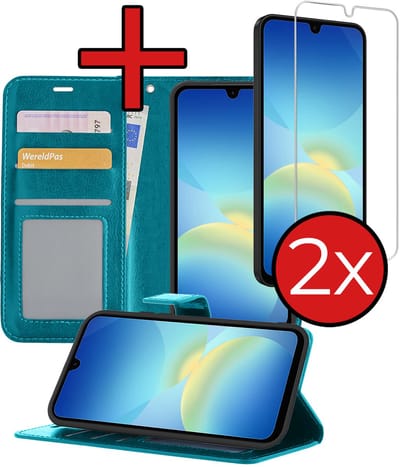 Hoesje - Met 2x Screenprotector - Geschikt voor Samsung Galaxy A26 - Luxe Pasjeshouder - Flip Case - Bookcase Portemonee - Kunstleer Book Case - Flipcase Hoes - Book Cover - Walletcase - Portemonneehoes - Telefoonhoes - Turquoise
