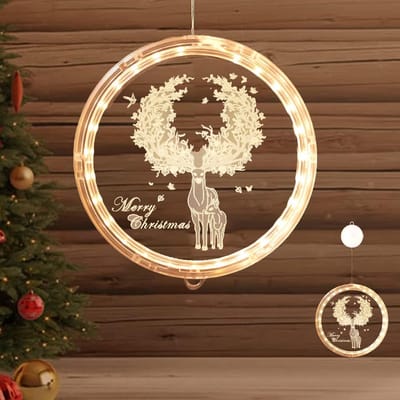 Decoratieve kerstverlichting, 3D-hangende lichtketting, kerstverlichting, hangend raam, led-zuignap, lichtketting, Kerstmis, werkt op batterijen, voor binnen en buiten, kerstfeest, raamdecoratie,Kerstrendement