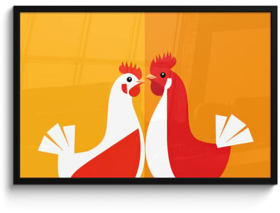 Poster in lijst - Fotolijst 90x60 cm - Posters - Kippen - Oranje - Vlakken - Posterlijst zwart - Decoratie - Wanddecoratie woonkamer - Muurdecoratie slaapkamer