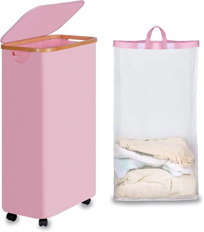 Vouwbare Wasmand met Wielen, 75L, Roze Slimme Wasmand met Deksel en Bamboe Handvatten voor Slaapkamer, Badkamer en Wasruimte