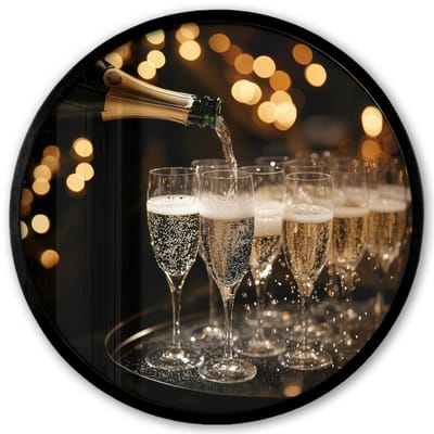 Poster in lijst Rond - Fotolijst 40x40 cm - Posters - Lichtjes - Champagne - Dienblad - Glazen - Ronde posterlijst zwart - Decoratie - Wanddecoratie woonkamer - Muurdecoratie slaapkamer