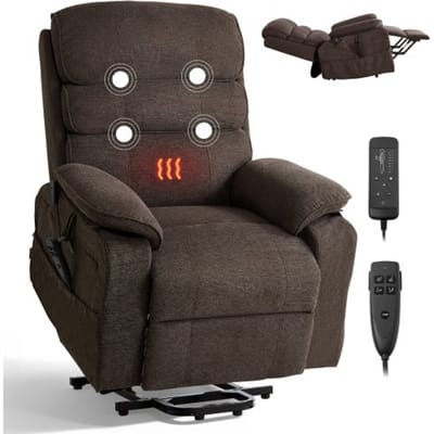 VEVOR elektrische tv-fauteuil, relaxfauteuil met liftfunctie, verwarming en massagefunctie, traploos verstelbare stoel voor senioren, massagestoel met chenille bekleding en afstandsbediening, bruin