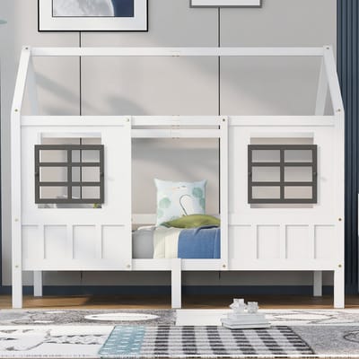 Huisbed kinderbed met ramen - Voor kinderkamer 90x200 cm - Wit - Twee design ramen met gaas - Stevig grenen frame met extra middenpoten - Inclusief lattenbodem