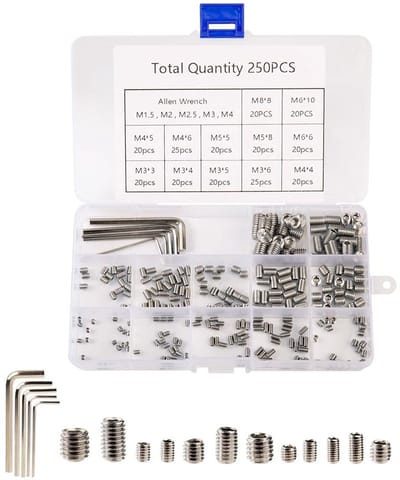 Dailygoods- Stelschroeven Set van 250 Stuks - Inbus Stelschroeven - Zeskantkopschroeven - Roestvrij Staal 304 - M4/M5/M6/M8 - Inclusief Inbussleutel - Madenschroeven