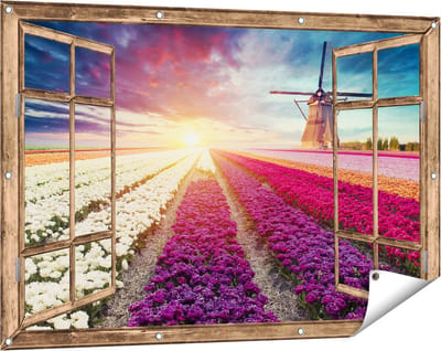 Gards Tuinposter Doorkijk Kleurrijke Tulpen Bloemenveld - Windmolen - 120x80 cm - Tuindoek - Tuindecoratie - Wanddecoratie buiten - Tuinschilderij