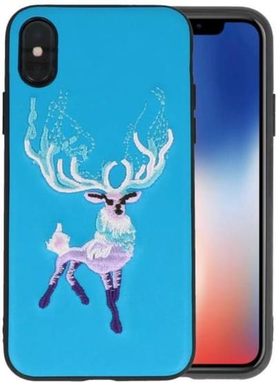 Borduurwerk Hert Back Cases - Hoesje Geschikt voor iPhone X Blauw