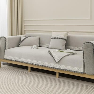 Coix Fluweel High-end Cream Wind Bankhoes Vier Seizoenen Universeel Antislip Effen Kleur Bankmat Pluche Kwastje Bal Bankhoes 70x70cm 1pcs