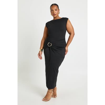 boohoo Dames Plus Geruched Wikkel Gouden Detail Midaxi Jurk | Zwart | Maat: 44