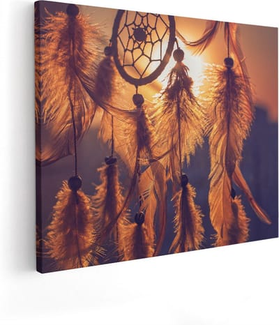 Artaza Canvas Schilderij Zonsondergang - 50x40 cm - Wanddecoratie Dromenvanger - Muurdecoratie Veren - Schilderijen Op Canvas