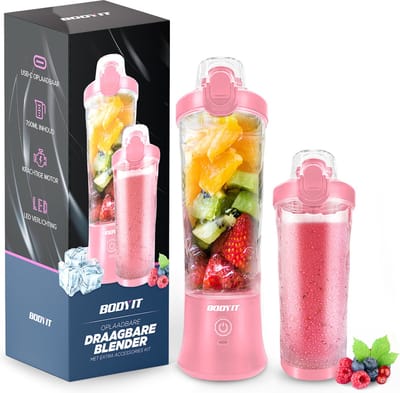 BODYIT® - Draagbare Blender met Extra Accessoires - 700ml – 6 Mesjes – Portable Blender To Go – USB-C - Oplaadbare Blenders met Accu – Draadloze Smoothie & Shake Maker - Roze