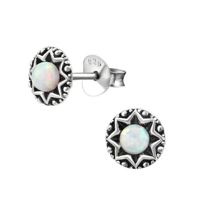 Aramat Jewels | Oorbellen | Oorstekers – Sterling Zilver Bali Etnisch Wit Opaal 6mm Rond Geoxideerd | | | |6mm | Zilver | Kinderen, Volwassenen | Verkleurd niet