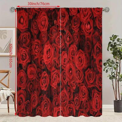 2 STUKS - Roos - Valentijnsdag Bedrukt Gordijn - Polyestermateriaal - geschikt voor slaapkamer, woonkamer, studeerkamer, 30Wx65L(76x165CM)x2 black
