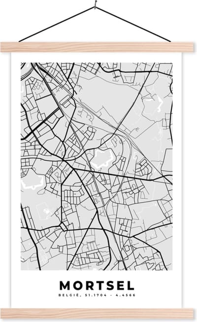Posterhanger incl. Poster 40x60 cm - Schoolplaat - Plattegrond – Mortsel – Zwart Wit – Stadskaart - Kaart - Textielposter - Blanke latten - Stadskaart