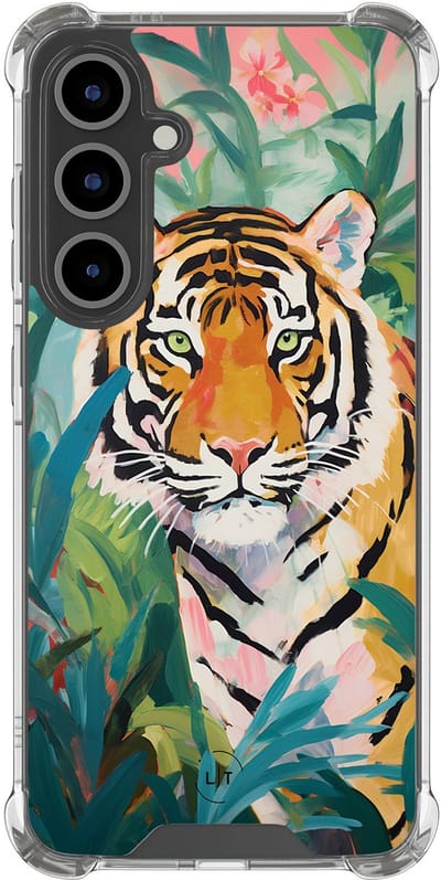 Shockproof hoesje - Geschikt voor Samsung Galaxy S24 FE - Tijger in de jungle - Extra sterke case - TPU/polycarbonaat - Print / Illustratie - Multi, Transparant