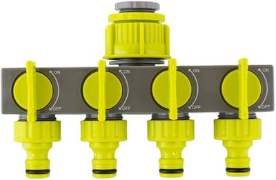 Dailygoods - 4-weg kraanadapter, slangaansluiting voor buiten, tuin en keuken, slangverdeler met onafhankelijke in- en uitventielen, multifunctionele irrigatie, sterke afdichting, geel