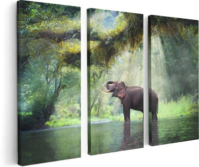 Artaza Canvas Schilderij Drieluik Vrolijke Olifant In Het Water - 120x80 - Foto Op Canvas - Canvas Print