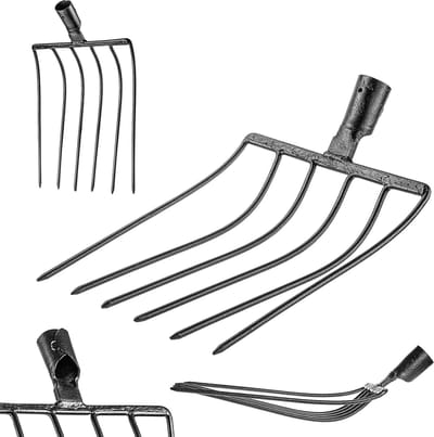 KADAX Steenvork zonder steel, aardappelvork van gehard staal, raapvork, spatvork, mestvork, hooivork, vork, draadvork, gravenvork (zwart 6 tanden)