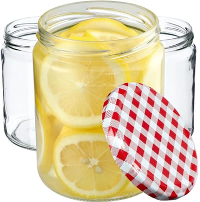 KADAX Weckpotten, 540 ml, inmaakpotten voor schroefdeksel, jampot, voorraadpot, conservenglas, ronde glazen (rood geruit, 8 stuks)