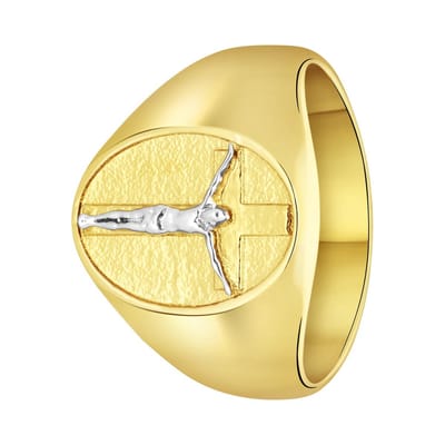 Lucardi Heren Gerecycled stalen goldplated ring met kruis - Ring - Staal - Goudkleurig - 21 / 66 mm