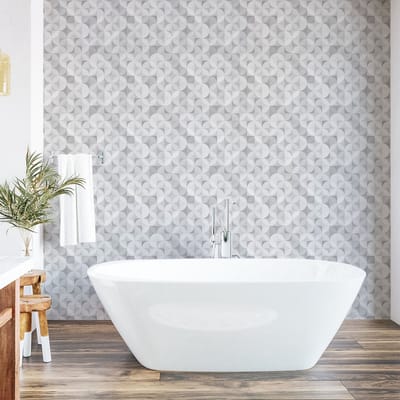 ABAKUHAUS Geometrisch aftrekbaar en zelfklevende behang voor thuis, zelfklevende woonkamerkeuken-accent, 33 cm x 250 cm, lichtgrijs en wit