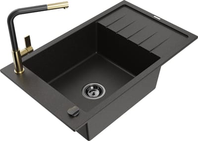 Mexen Elias granieten gootsteen 1-kompartment met afdruiprek en keukenkraan Flora, zwart/goud metallic - 6511-75-670401-57-B