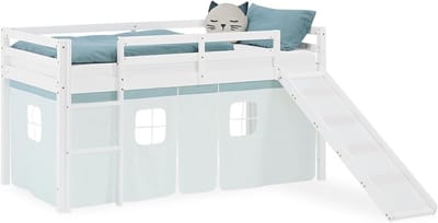 Hoogslaper met glijbaan - Kinderbed met tent - Spelen en slapen - Massief hout constructie - 90x200 cm