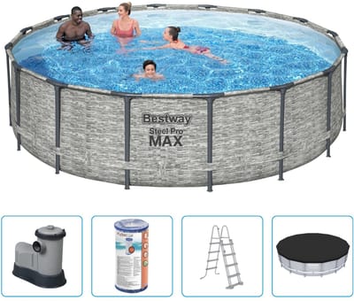 Bestway Steel Pro MAX Zwembad - 488x122 cm - Steenprint - Rond - Met filterpomp + accessoires - Zwembad - Filterpomp - Zwembadtrap - Afdekzeil - Zwembeek
