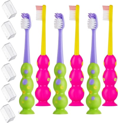 Kindertandenborstels Zacht - Opzetborstels Kinderformaat - Gerichte Mondhygiëne - Zuignap voor Opslag - 6 Stuks - Gekleurd